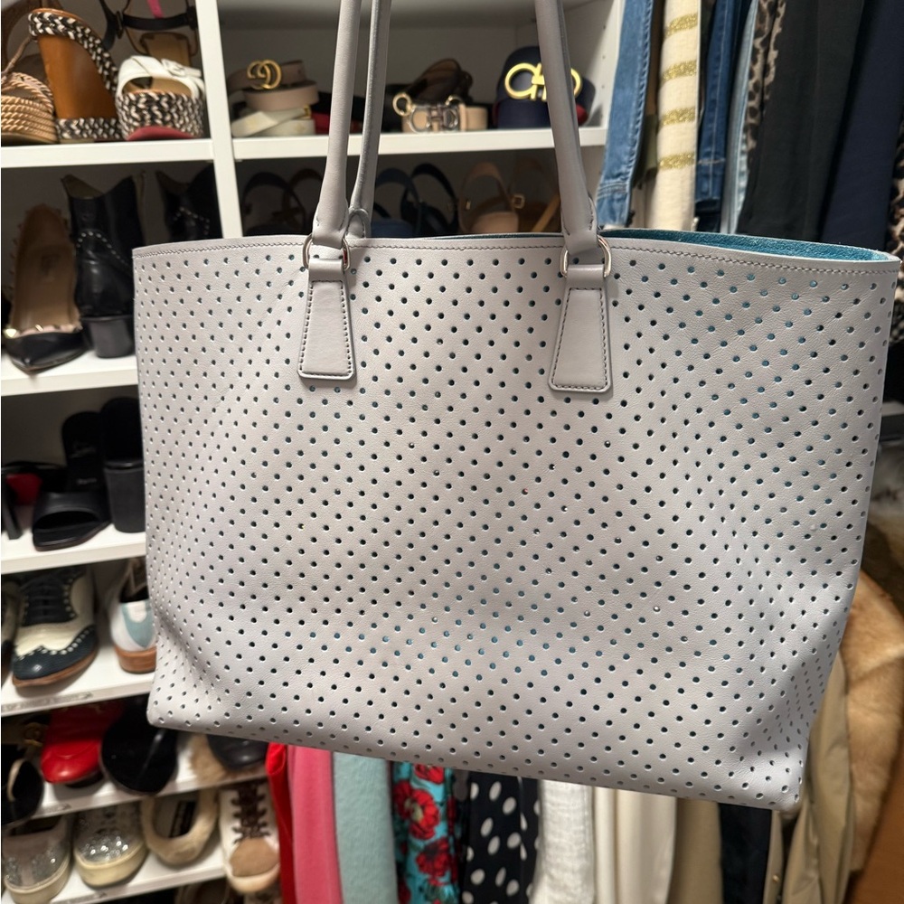 Prada Gray Perforated Tote Bag - Picture 2 of 6
